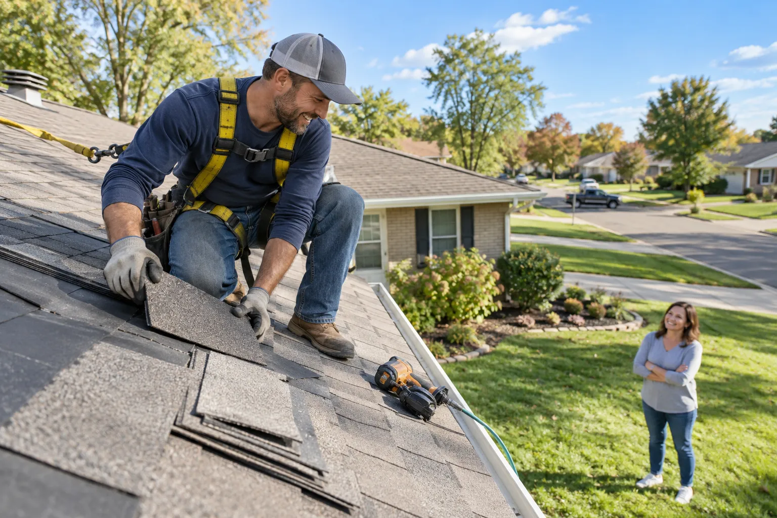 A roofing provider repairing shingles on a home in St. Michael, in the St. Michael area